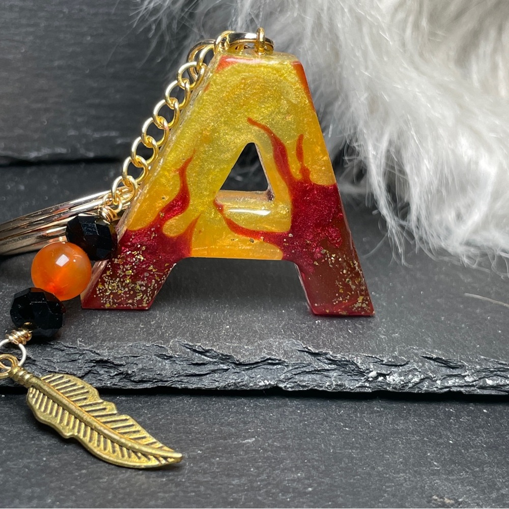 Custom Flaming Letter “A” Keychain with Carnelian Crystal And Gold Feather Charm - Picture 7 of 10